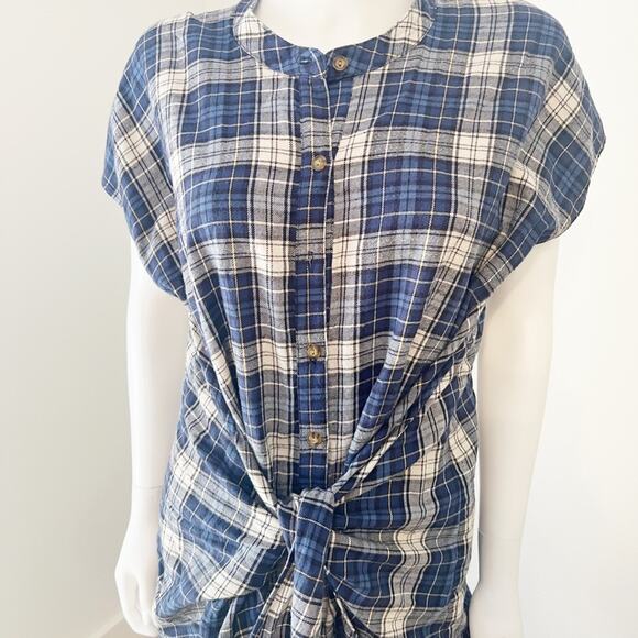 COUSIN EARL Blue Fall Flannel Plaid Tie Waist Shirt Dress, S - Picture 2 of 8